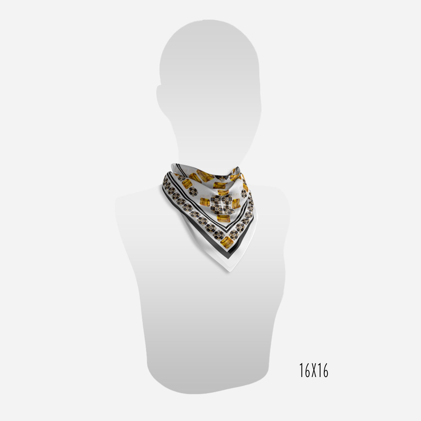 view of 16"x16" black white and citrine scarf on neck of mannequin