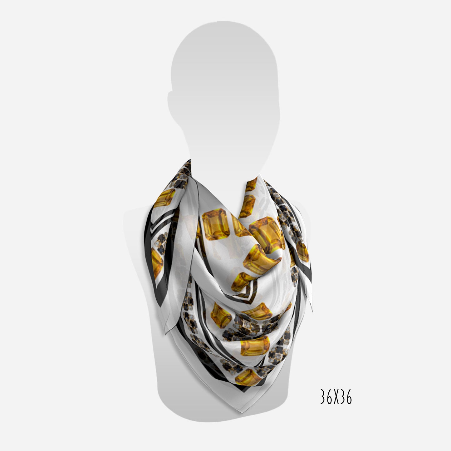 view of 36"x36" black white and citrine scarf on neck of mannequin