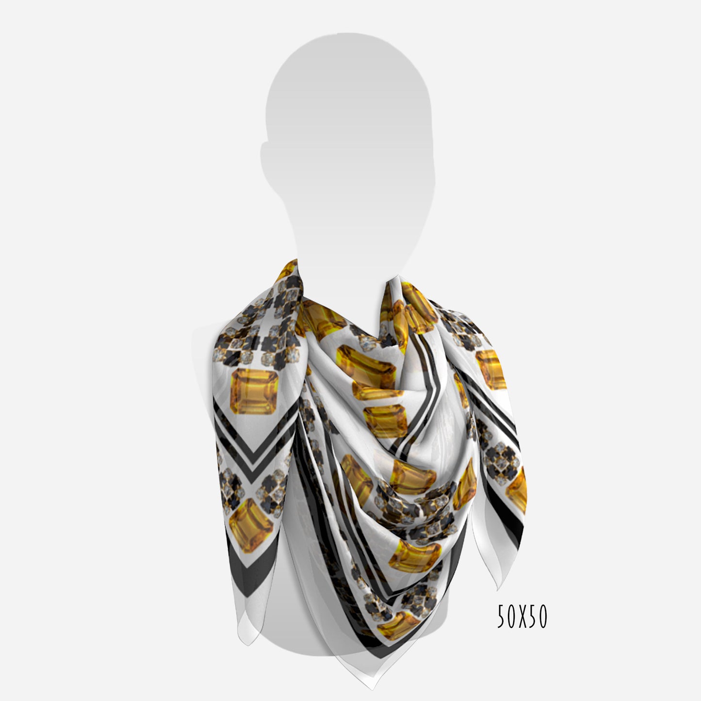 view of 50"x50" black white and citrine scarf on neck of mannequin