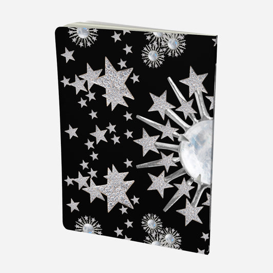 back cover of large notebook with celestial moonstone and stars design on a black background