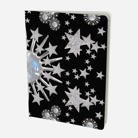 front cover of large notebook with celestial moonstone and stars design on a black background