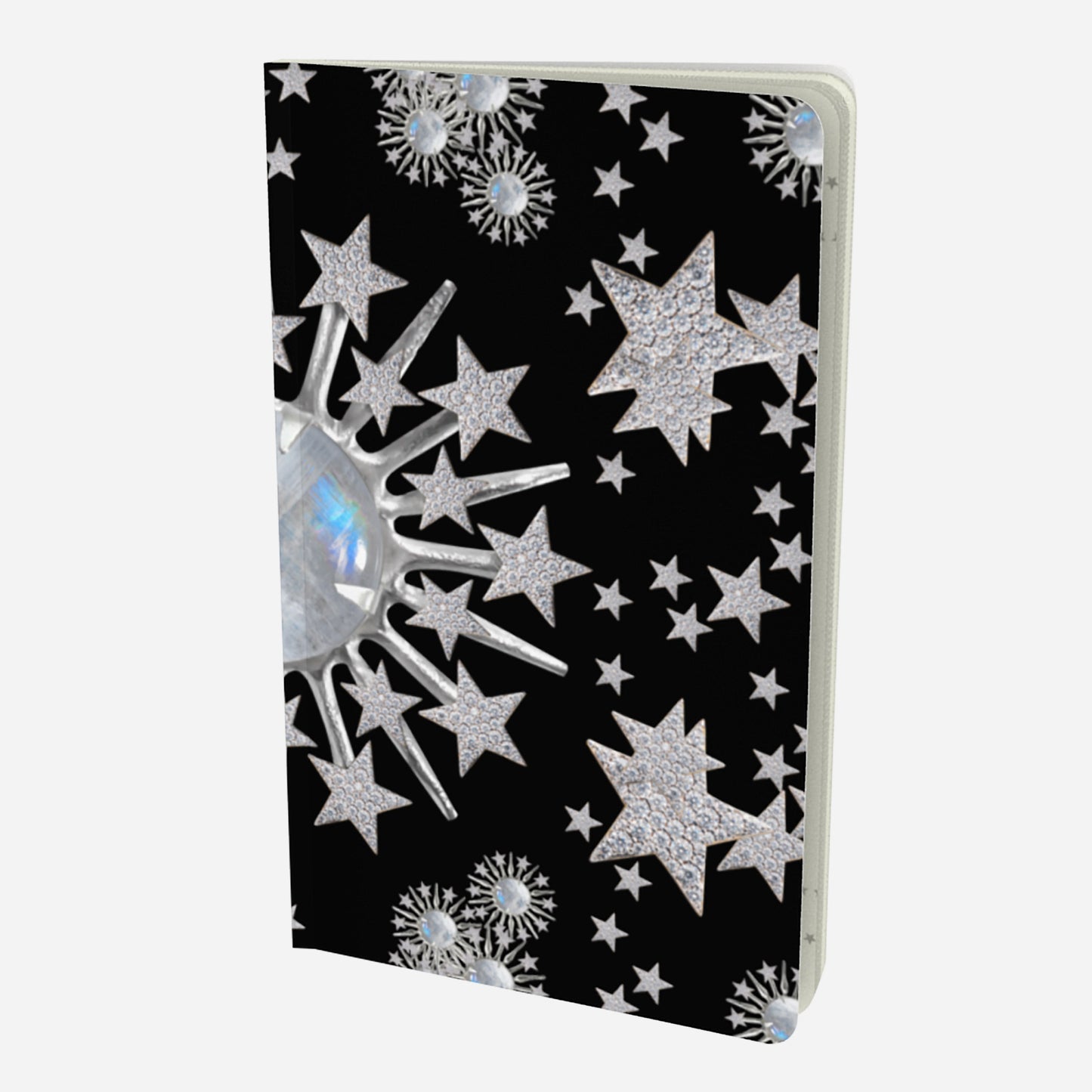 front cover of small notebook with celestial moonstone and stars design on a black background