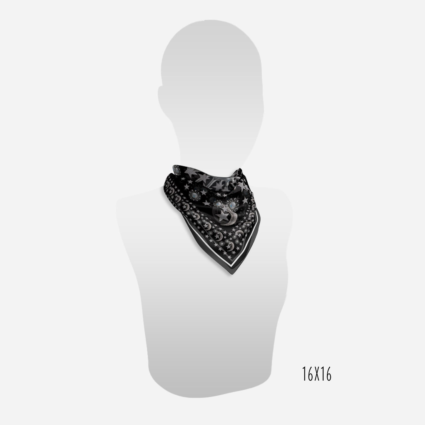 view of 16"x16" celestial moonstone and stars black scarf on neck of mannequin