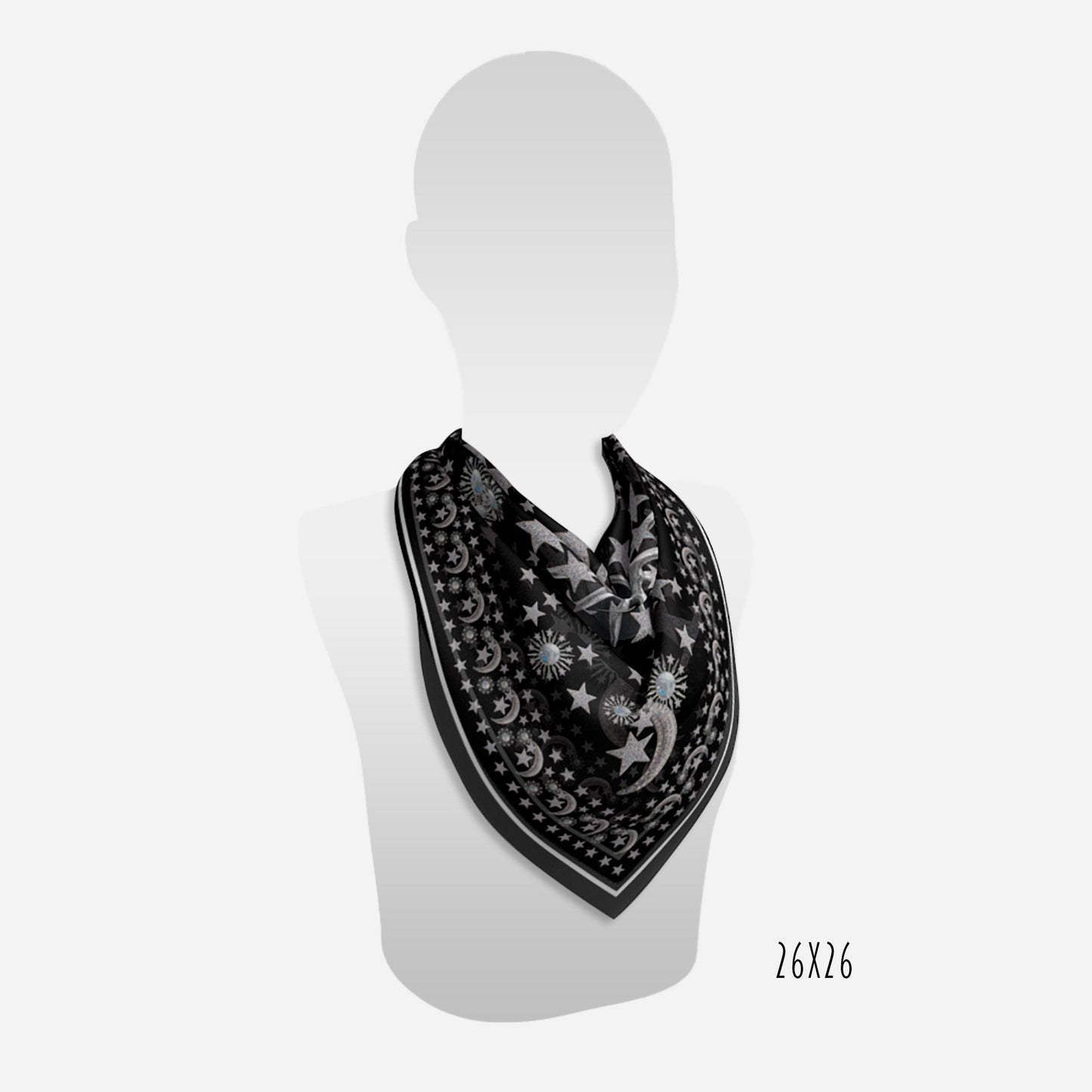 view of 26"x26" celestial moonstone and stars black scarf on neck of mannequin