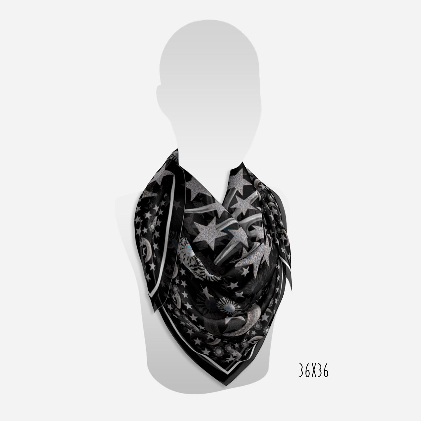 view of 36"x36" celestial moonstone and stars black scarf on neck of mannequin