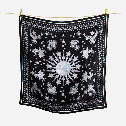 celestial moonstone and stars black scarf hanging on wire with gold pins