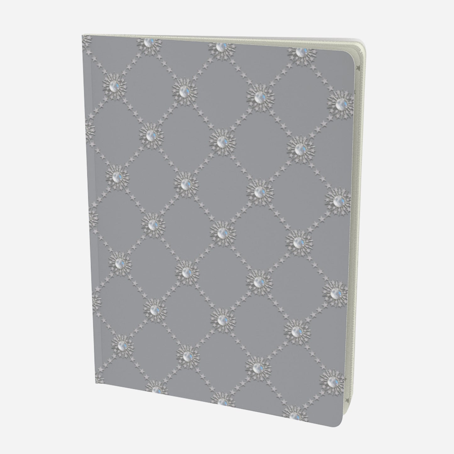 front cover of large notebook with celestial moonstone and stars lattice design on a grey background