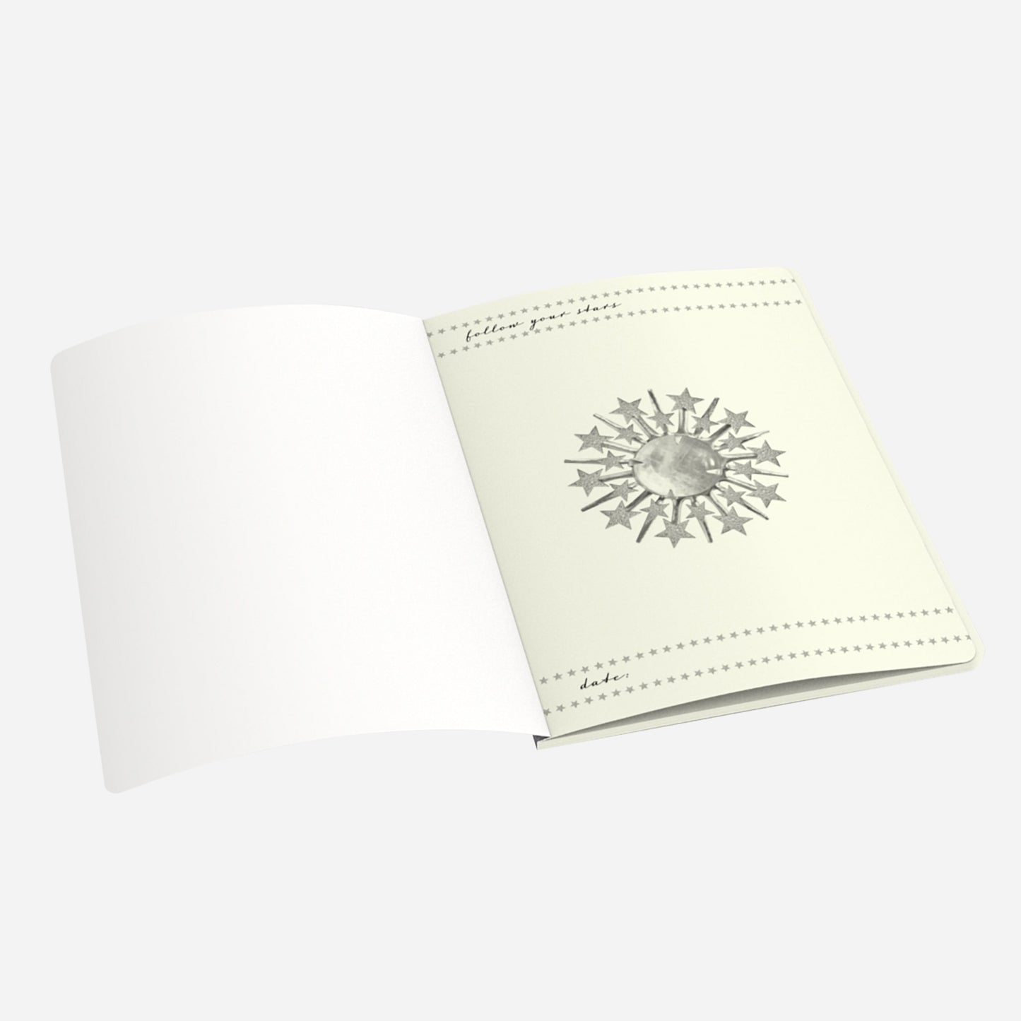 first page of large notebook with follow your stars and date with a moonstone in the middle and star borders on the top and bottom of the page