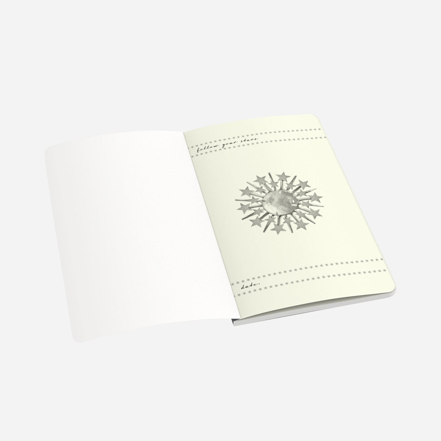first page of small notebook with follow your stars and date with a moonstone in the middle and star borders on the top and bottom of the page