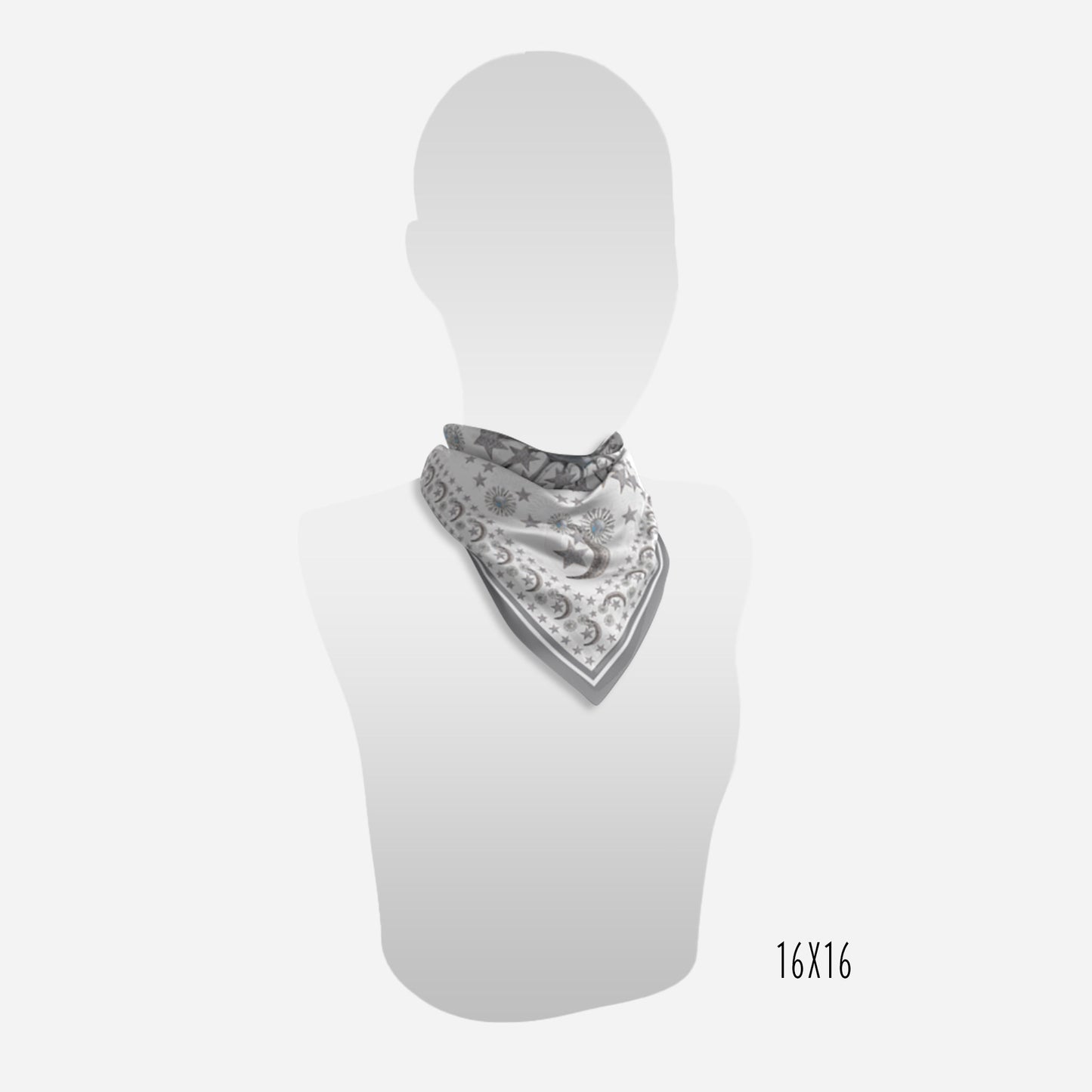 view of 16"x16" celestial moonstone and stars white scarf on neck of mannequin