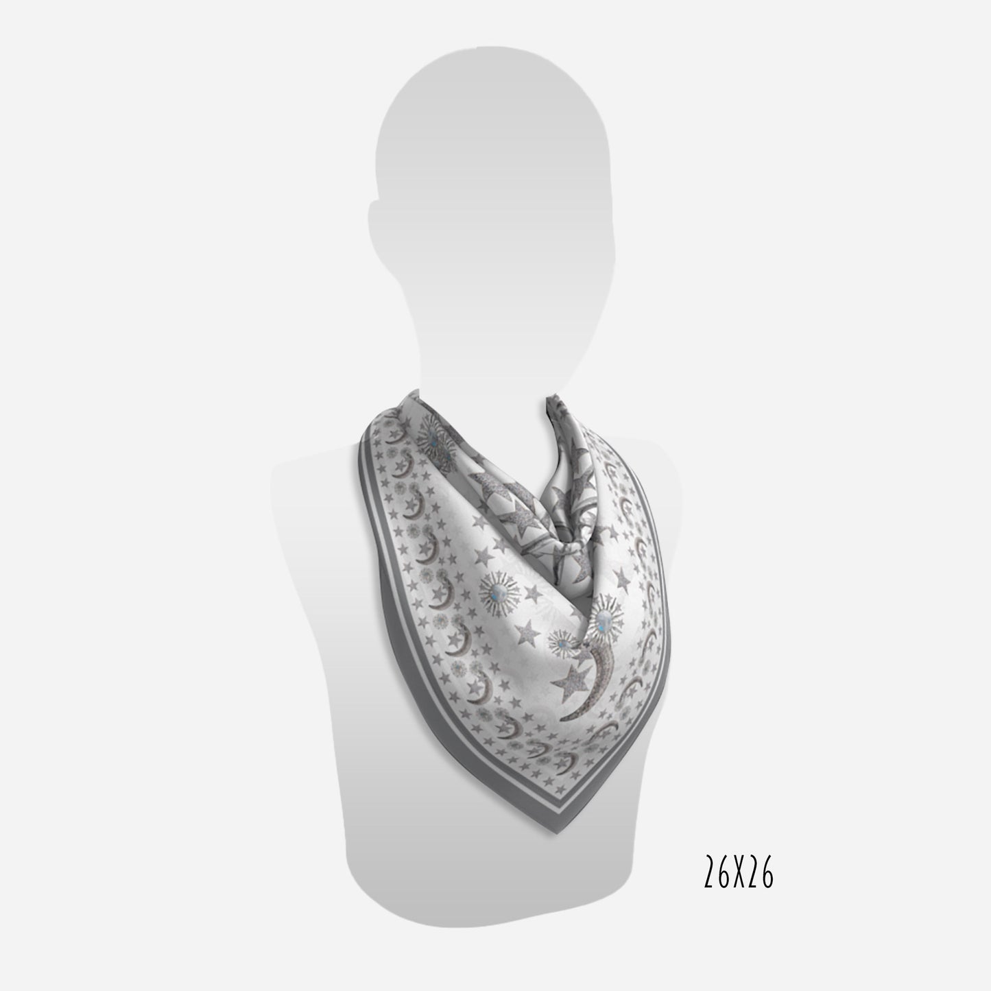 view of 26"x26" celestial moonstone and stars white scarf on neck of mannequin