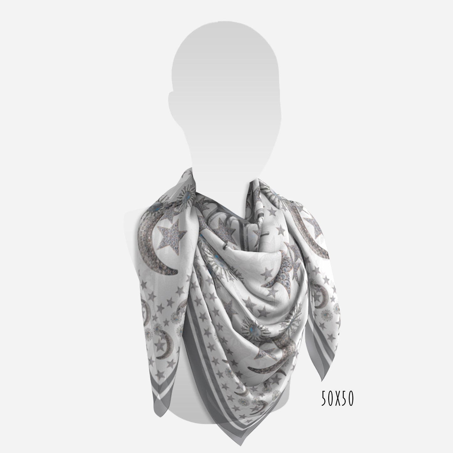 view of 50"x50" celestial moonstone and stars white scarf on neck of mannequin
