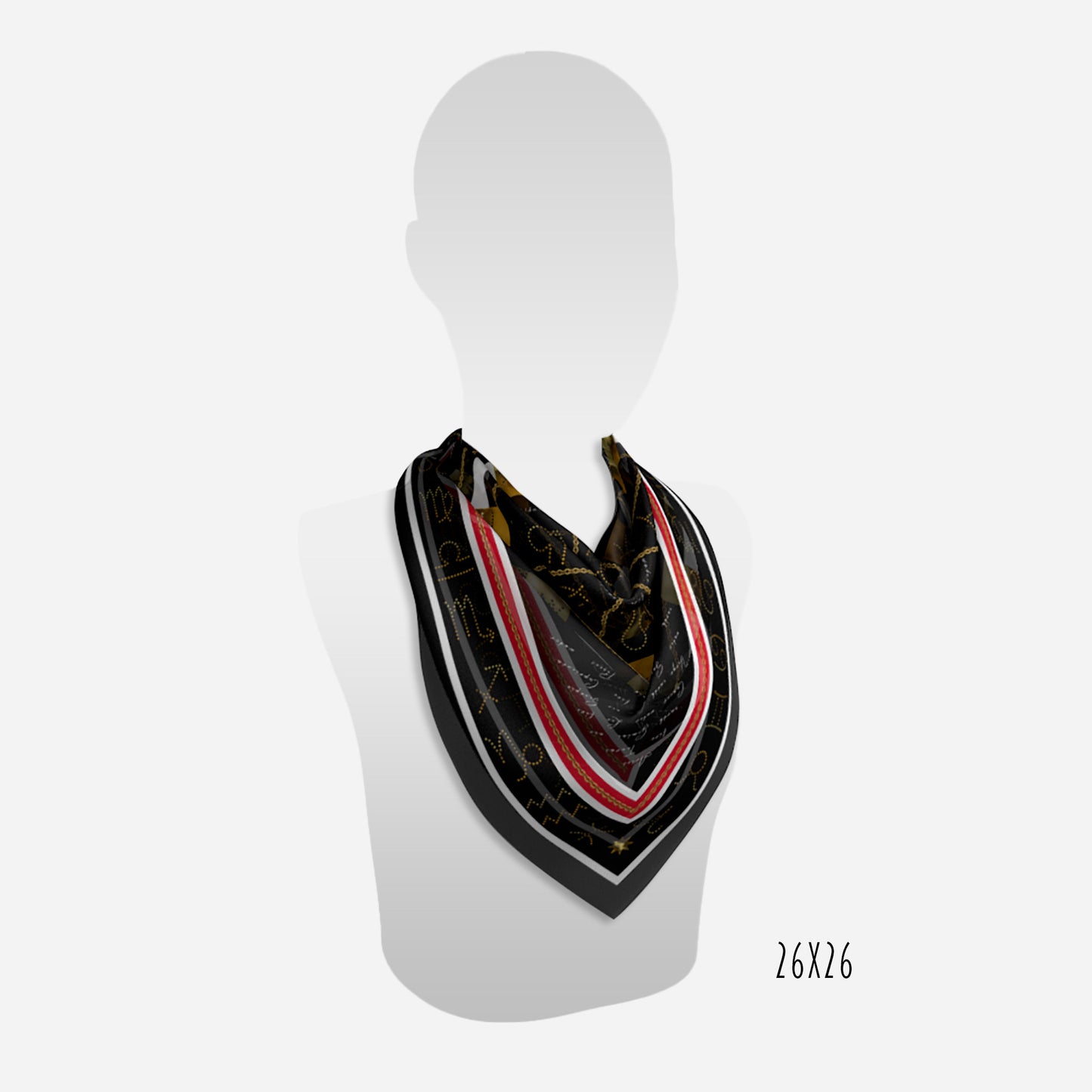 view of 26"x26" gold zodiac tags on black red and white scarf on neck of mannequin