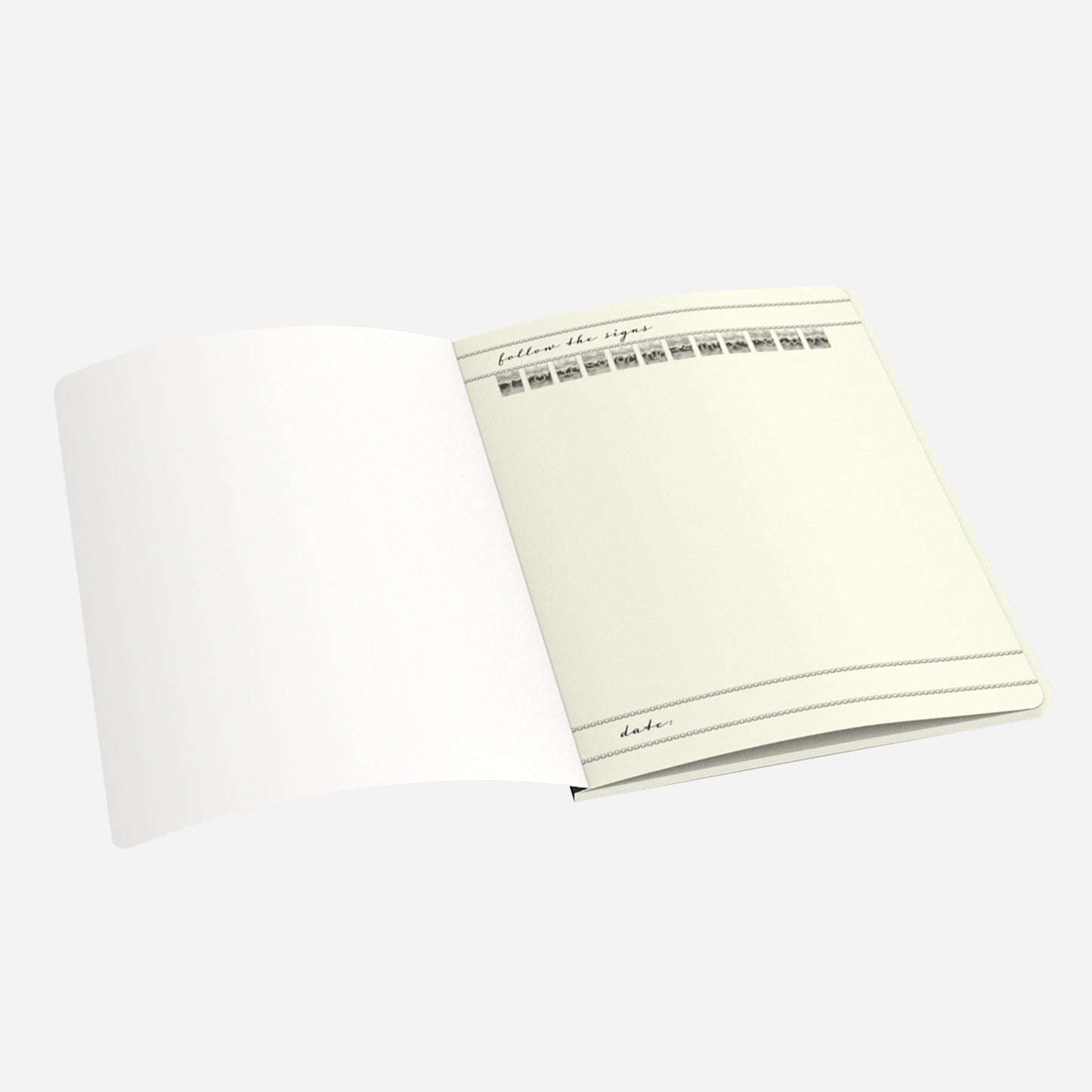 first page of large notebook with follow the signs date and zodiac tags and chain borders on the top and bottom of the page