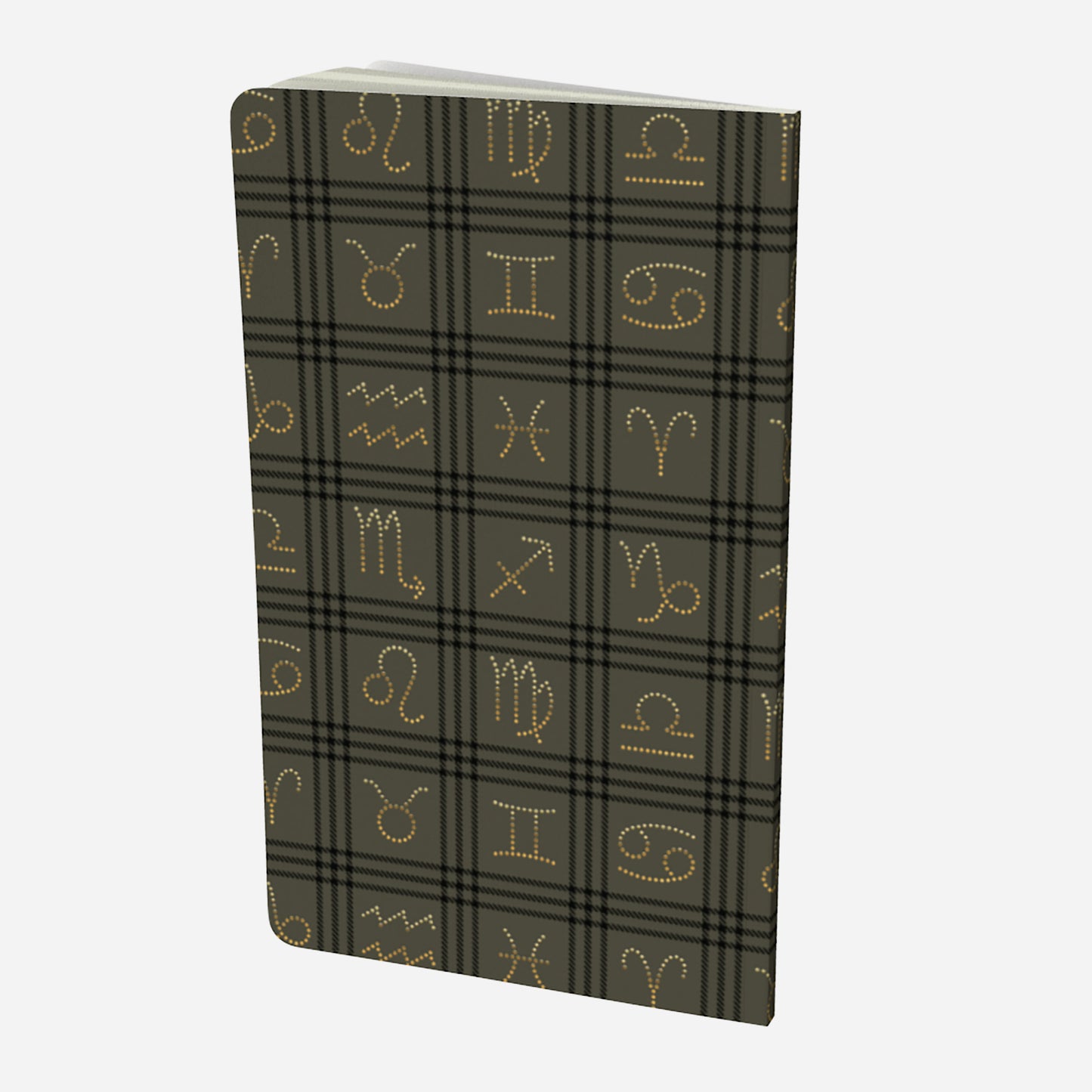back cover of small notebook with gold zodiac signs on olive and black plaid background