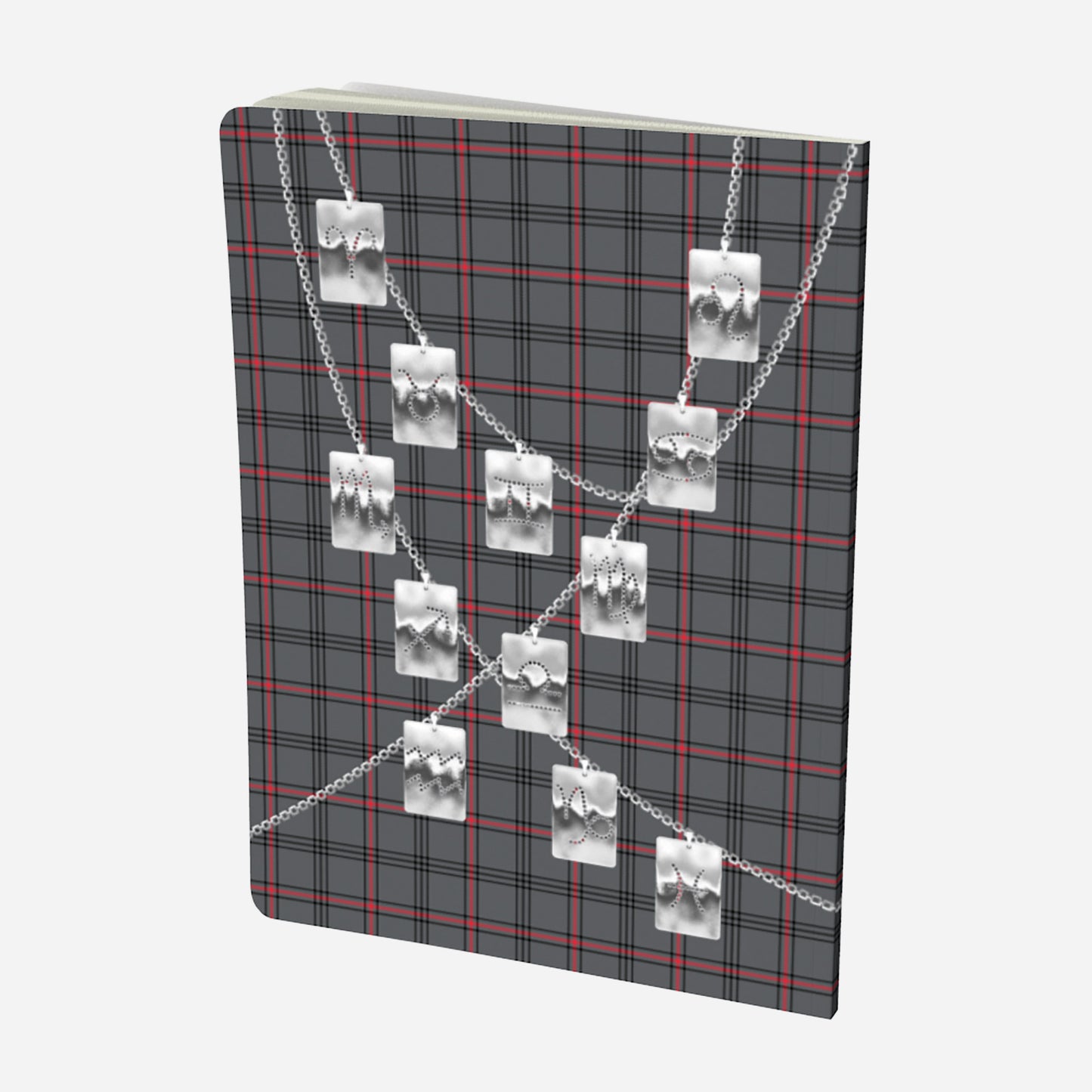 back cover of large notebook with silver zodiac tags on chains on a grey red and black plaid background