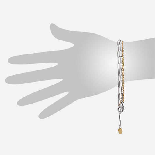 stainless steel paperclip and gold tone cable layered chain bracelet with gold hamsa charm and oversized stainless steel lobster claw clasp on hand silhouette