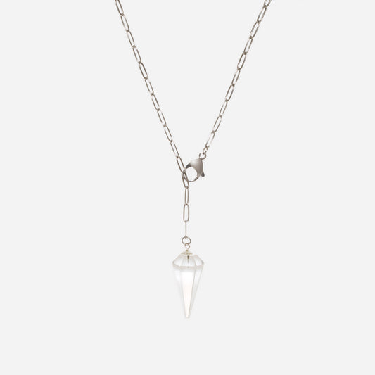 clear quartz pendulum Y necklace with stainless steel paperclip chain and an over-sized lobster claw clasp