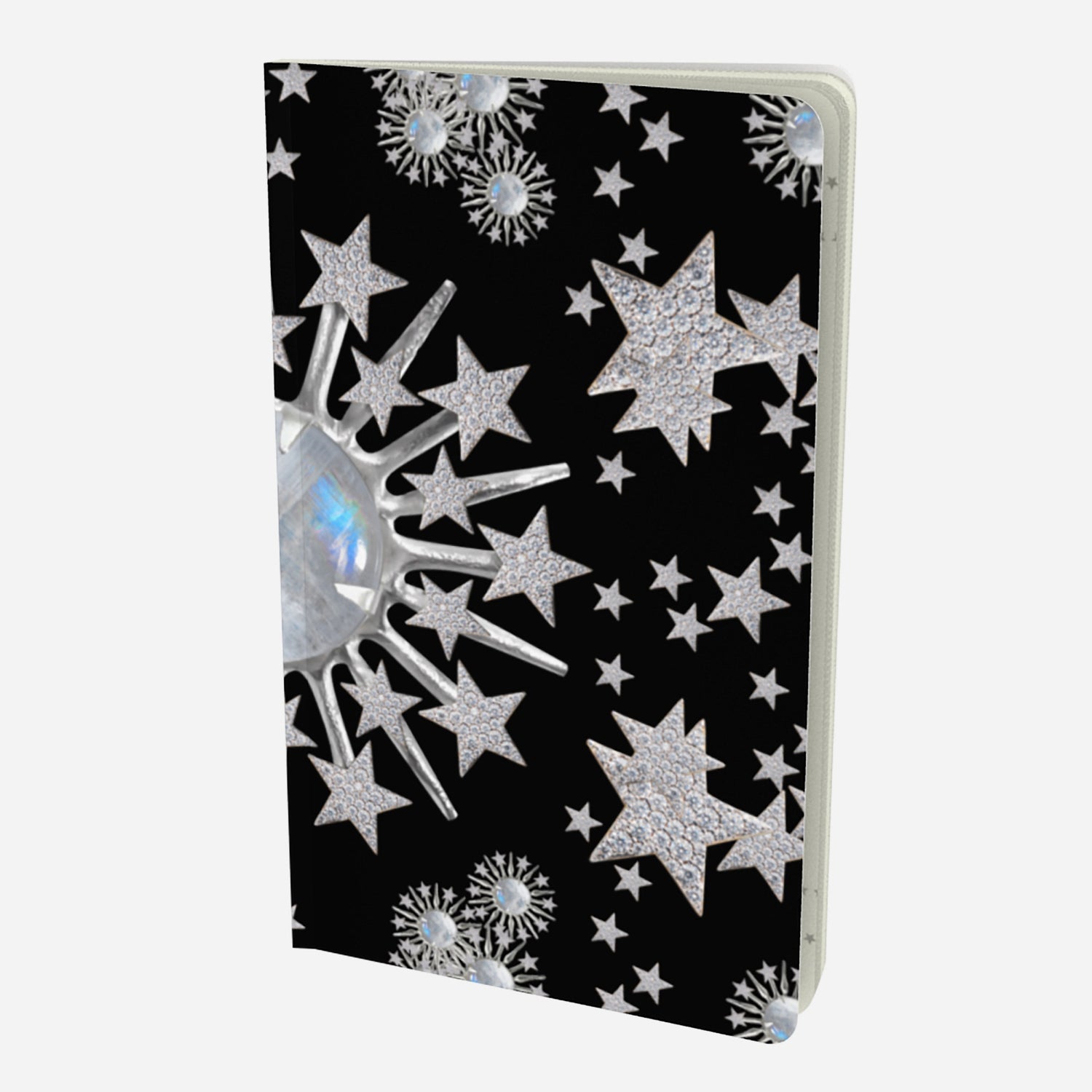 front cover of small notebook with celestial moonstone and stars design on a black background