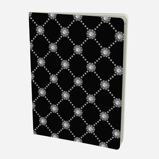 front cover of large notebook with celestial moonstone and stars lattice design on a black background
