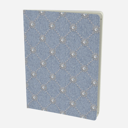 front cover of large notebook with celestial moonstone and stars lattice design on a chambray denim look background