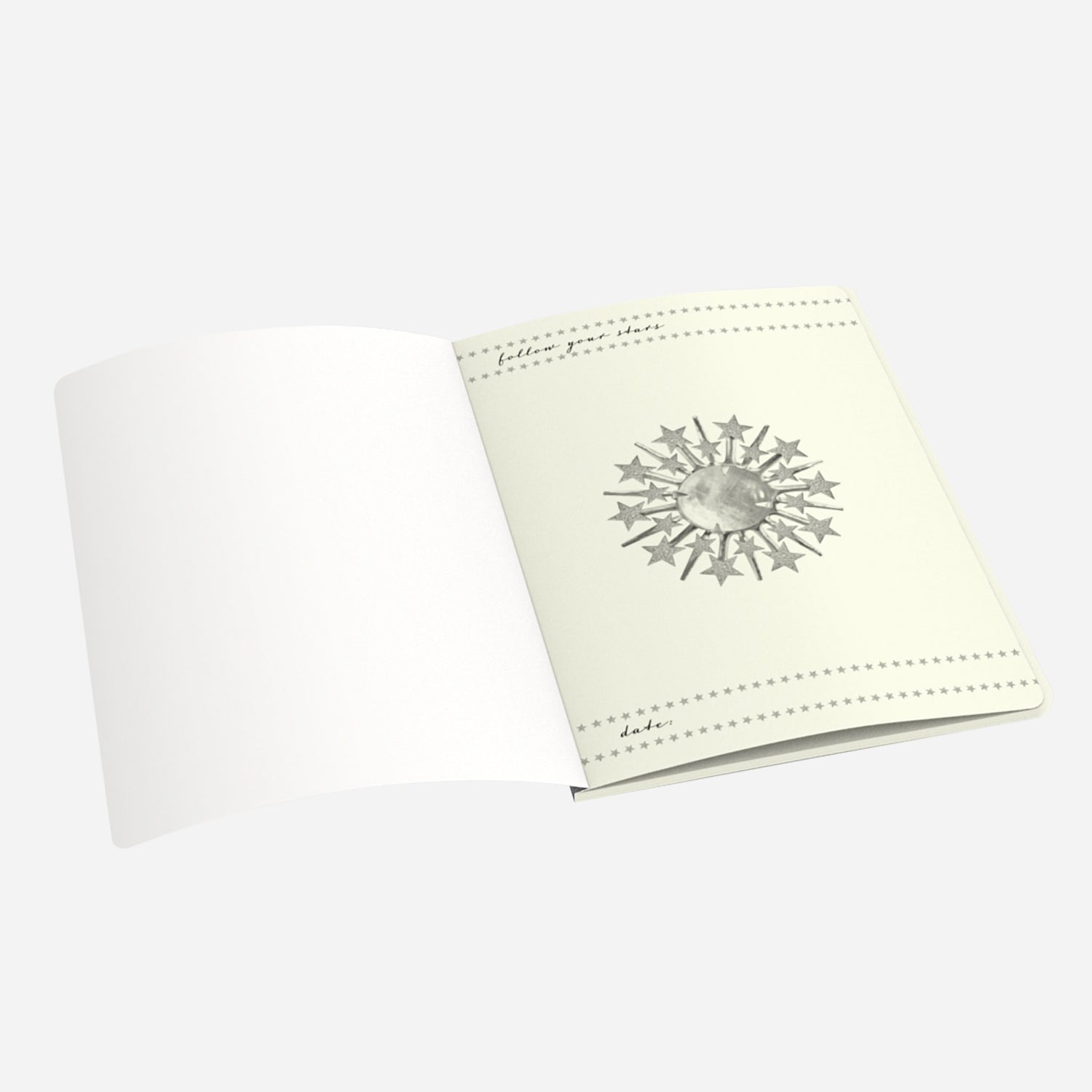 first page of large notebook with follow your stars and date with a moonstone in the middle and star borders on the top and bottom of the page