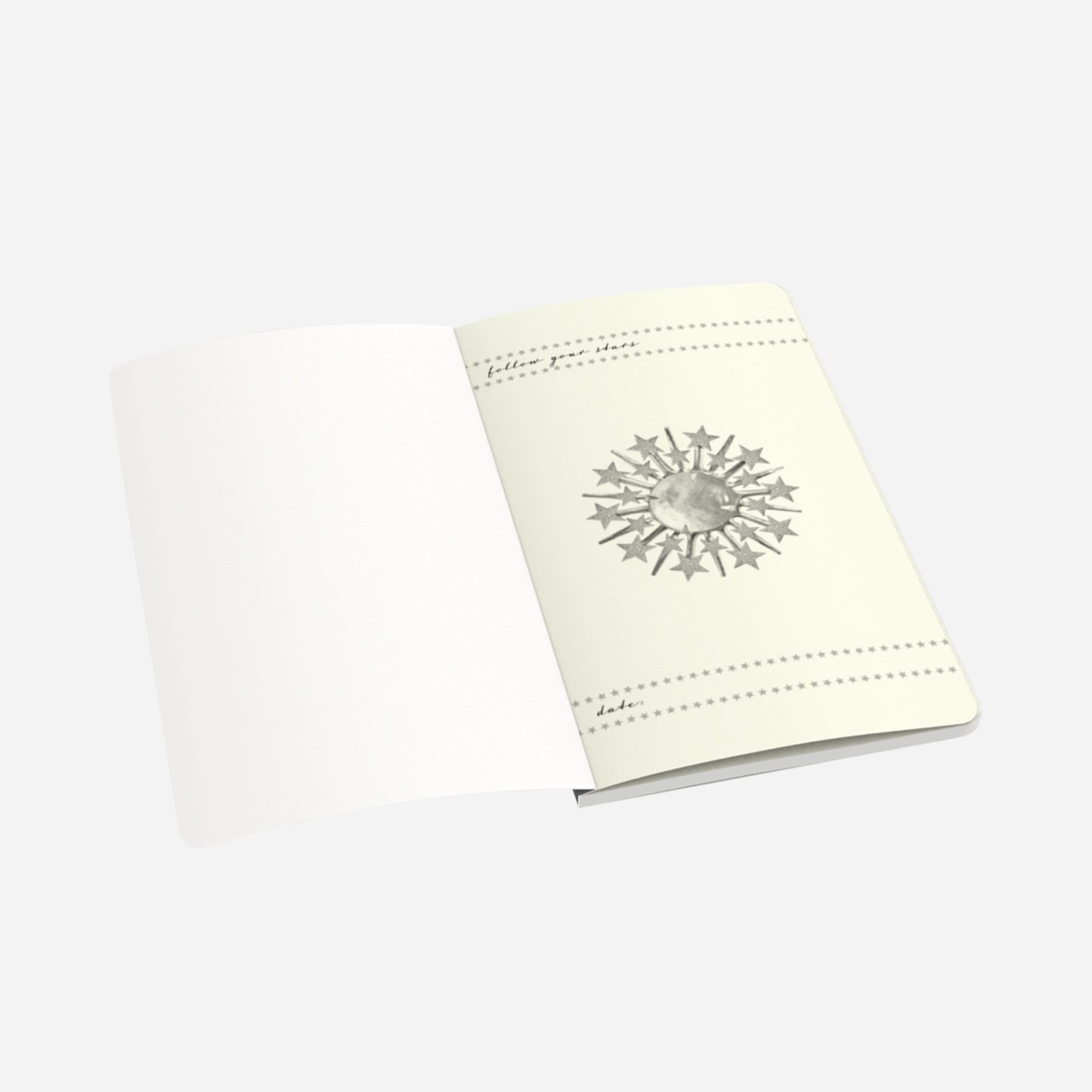 first page of small notebook with follow your stars and date with a moonstone in the middle and star borders on the top and bottom of the page