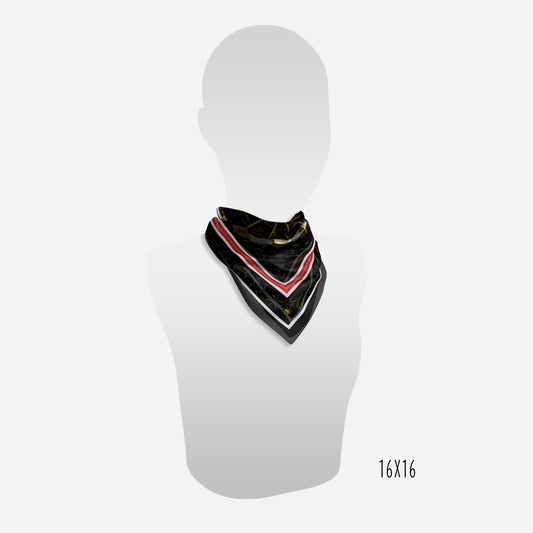 view of 16"x16" gold zodiac tags on black red and white scarf on neck of mannequin