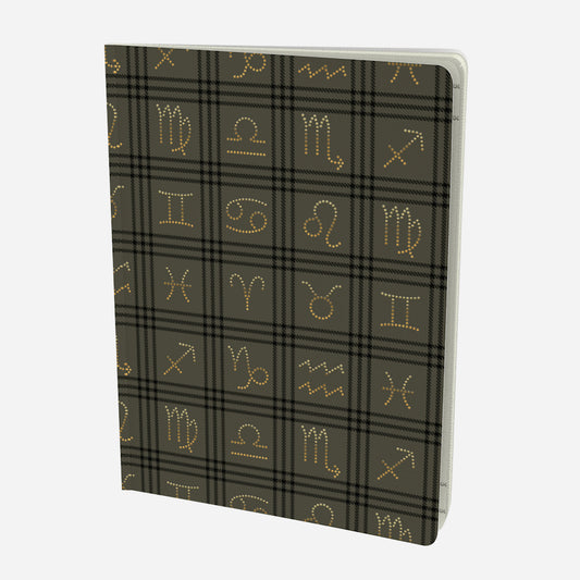front cover of large notebook with gold zodiac signs on olive and black plaid background