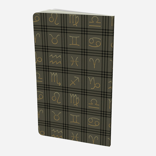 back cover of small notebook with gold zodiac signs on olive and black plaid background
