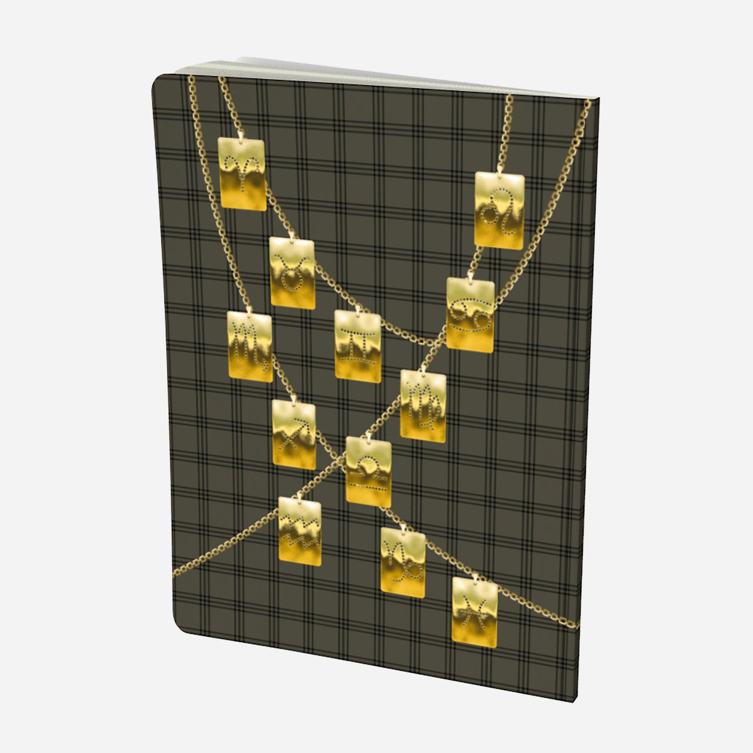 back cover of large notebook with gold zodiac tags on chains on and olive and black plaid background
